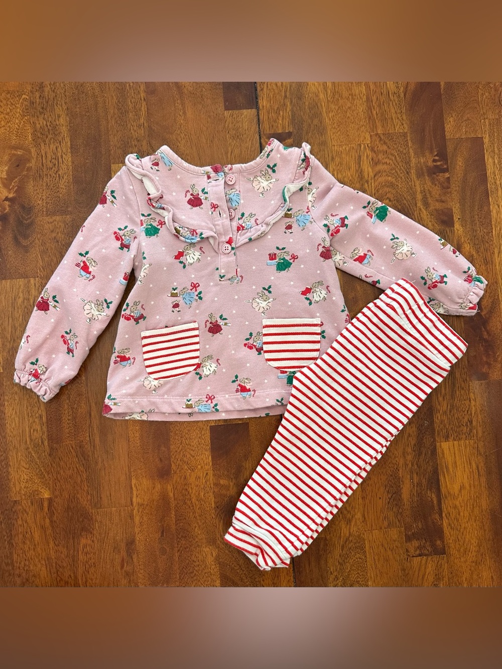 Baby Boden Pink Holiday Print Set with Red Stripe Pants